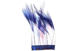GREGORY CRAFTS & GIFTS Navy Blue Stripped Hackle Feathers - Fascinators, Weddings 2-3 inch Approx stem, one inch Feather tip x 12 Plumes per Pack, Rooster Feathers, Strung on Ribbon for Ease of Attachment