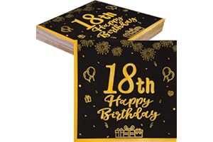 TOPWAYS 18 serwetki dekoracyjne urodzinowe, czarno-złote papierowe serwetki imprezowe, dekoracja stołu na 18. urodziny chłopców dziewczynek, serwetki Happy Birthday Decorations, 40 sztuk (18 urodziny)