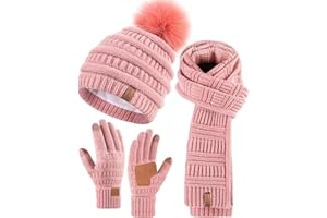 SENPUKI Hat Scarf and Gloves Set Ladies, Cute Pom Pom Winter Beanie Hat for Women with Warm Fleece Lined, Long Knit Bobble Touchscreen Gloves Women Scarf Neck Warmer 3 in 1 Cold Weather Gift Set