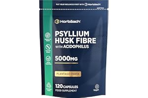 HORBÄACH Psyllium Husk Capsules 5000mg with Acidophilus | Natural Soluble Fibre Supplement with ProBio | Plantago Ovata Seed Husk Extract | 120 Vegan Capsules | by Horbaach