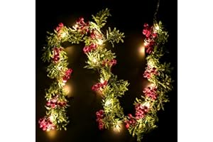 ETONSUNNY 1,8 Metros Guirnalda Navidad,Corona Navideña de con 20 LED,Bayas Rojas y Hojas Verdes,Decoracion Hogar,Adecuado para Adornos Navidad (Style A)