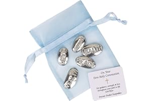 METAL PLANET LTD Holy Communion Gift Idea - 5 Pewter Message Pebbles in a Drawstring BLUE Organza Pouch. The pewter pebble wordings are: Love, Health, Wealth, Happiness and Peace