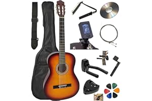 AMROVA Pack Guitare Classique 4/4 pour Gaucher (Adulte) 10 Accessoires Cour Vidéo et CD (Sunburst, 4/4, Gauche)