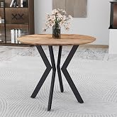 90cm Round Brown Wooden Dining Table with Black Metal Legs for Kitchen | Durable circle wooden top and black metal frame, Ind
