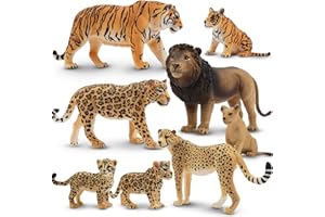 toymany 8PCS Plastic Jungle Animals Figure Playset Includes Baby Animals, Realistic Lion,Tiger,Cheetah,Jaguar Figurines with Cub, Cake Toppers Christmas Birthday Toy Gift for Kids Toddlers