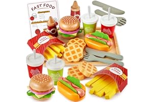 BUYGER Giochi Cucina Legno Giocattoli per Bambini 3 + Anni, Hamburger Hotdog Cibo Finto Giocattoli, Accessori Cucina Bambini, Regalo Compleanno per Ragazzo Ragazza 3 4 5 Anni
