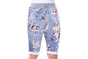 Love My Fashions® Women's Italian Shorts Ladies Summer Cotton Turn-Up 3/4 Cropped Printed Trousers Elasticated Drawstring Knee-Length Denim Magic Shorts