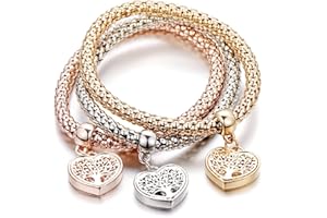 AONAT Crystal Charms Multilayer Bracelets - 3PCS Gold/Silver/Rose Gold Corn Chain Bracelet for Women, Tree of Life Stretch Bracelet
