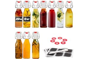 Praknu 10 Bottiglie Vetro 250ml con Tappo Ermetico - 10 Etichette e Penna - 10 Guarnizioni Extra - per Liquore, Olio, Birra & Vino