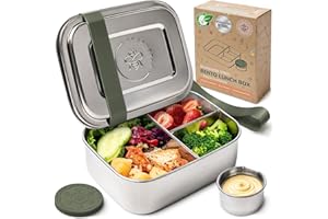 Everusely - Bento Box - Sage - 0.8 L - Stainless Steel Lunch Box with Leakproof Condiment Container - 3 Compartment Snack Organizer