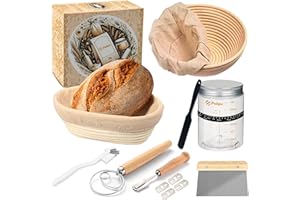 PUKPU Kit para Hacer Pan Masa Madre de 8 Piezas - Incluye 2 Banetones para Pan, Bote Fermentacion, Raspador de Masa, Batidora Danesa, Cuchilla de Panadero, Cepillo y Medidor de Crecimiento
