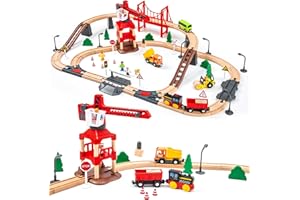 OMYBABY 86PCS Holzeisenbahn Set mit Kran, Eisenbahn Holz mit Kran Spielzeug, Holz Eisenbahn Kinder, Passend für Brio Eisenbahn, Thomas, IKEA, Melissa und Doug, Hape Duplo Eisenbahn für Jungen und Mädchen