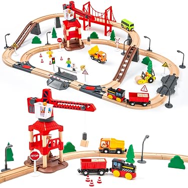 Mamabrum – Circuit Ville En Bois 130x85 Cm – Train Électrique Sonore – Grue Magnétique, Bateau, Ponts, 43 Éléments – Dès 3 Ans