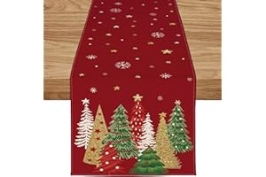 ZWJD Runner Da Tavola Natalizio 40x240 Moderno Rosso Con Alberi Di Natale E Fiocchi Di Neve, Decorazione Festiva Per Tavolo Invernale, Ideale Per Feste, Sala Da Pranzo E Soggiorno