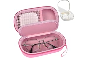 GWCASE Portable 2 in 1 Contact Lens Case and Glasses Case, Traveling Contact Cases Bag Box Holder with Soak Storage Kit Included Built-in Mirror, Tweezer, Lens Solution Bottle and Hand Strap-Pink