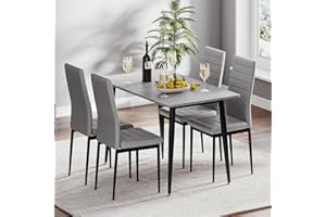 JOOLIHOME LIVING Dining Table and Chairs Set of 4, 120CM Marble Effect Dining Table with 4 Faux Leather High Back Dining Chairs,Modern Dining Table Set for Home/Kitchen Office (Grey table and 4 grey chairs)