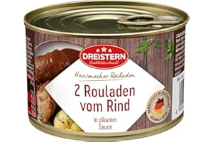 OSTPRODUKTE-VERSAND Dreistern Rinder-Rouladen in pikanter Sauce – 2 handgerollte Rouladen mit klassischer Füllung, Fertiggericht mit zartem Fleisch, lange haltbar – Hausmannskost schnell & unkompliziert genießen 400g