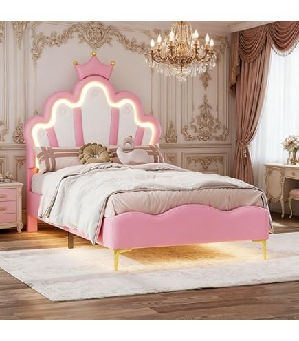 BTM Lit Enfant 90x200 Avec Bande Lumineuse LED Réglable, Lit Capitonné Rose Pour Petite Fille Avec
