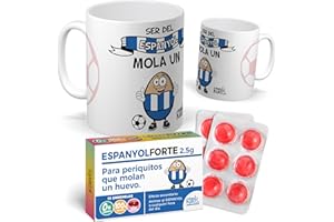mundohuevo Pack taza + caramelos Espanyol | Regalo divertido para aficionados del Espanyol | Idea original para cumpleaños, Navidad o Día del Padre | Capacidad 350 ML