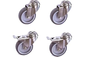 DELEX-ROLLEN Satz Edelstahlrolle 75 mm Gummi grau spurlos Rückenloch mit ohne Bremse V2A INOX Transportrolle Apparaterolle aus Edelstahl