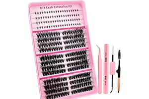 HERACKS 320pcs Fluffy Cluster Wimpern mit Clear Band Bottom Lashes Cluster Eyelash Extensions Kit Volume Einzelwimpern mit Lash Bond und Seal Pinzette und 1 faltbare Augenbrauenbürste(320P-456K)