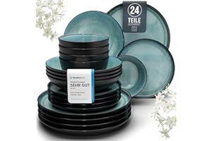 PURE LIVING INTERIOR DESIGN PURE LIVING Ibiza 24-częściowy zestaw naczyń z kamionki dla 6 osób, śródziemnomorska kamionka, miski i talerze, serwis obiadowy, kolor czarny, petrol