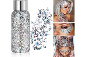 WAVEBEEXS Paillettes Visage, Paillette Maquillage Festival Gel, Chunky Paillette Cheveux Gel, Paillettes Corps et Visage, Glitter Body Makeup Pour Musical/Party/Masquerade/Visage/Cheveux/Corps (Argent)