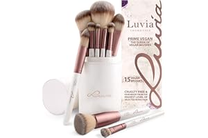 LUVIA COSMETICS Zestaw pędzli do makijażu Luvia, Prime Vegan, 15 pędzli do makijażu incl. Zestaw Pędzli do Makijażu & Podróżna Torba na Pędzle Kosmetyczne - Profesjonalny Zestaw Pędzli w perłowa biel i kawowy brąz