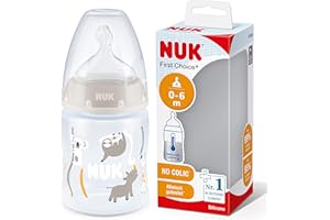 NUK First Choice+ Baby Bottle| 0-6 Months M | Temperature Control | Anti Colic Vent | 150 ml | BPA-Free | Silicone Teat | Safari (Beige)