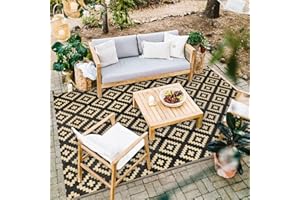 Homcomodar Outdoor Teppich für Patio Clearance 150x245cm UV-beständige Camping Matte Kunststoff Stroh Teppich Patio Teppich Reversible Matte für Picknick Balkon Beach(Schwarz-Camel)