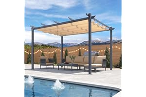 PURPLE LEAF 3 X 4 M Metal Pergola with Retractable Roof, Charcoal Grey Frame, Large Garden Pergola for BBQ, Outdoor and Patio, Beige