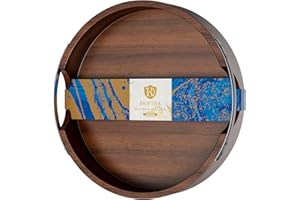 Dofira Bandeja de Servir de Madera de Acacia con Asas de Metal, Bandeja Redonda de Madera para Bebidas para Mesa de Café, Desayuno y Cena, Bandeja de Almacenamiento Decorativa Rústica para Otomana