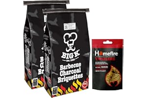 Big K Charcoal Grill BBQ Bundle - Pack of 2 x 5kg Barbecue Charcoal Briquettes Bag & 300g Homefire Twizlers Wood Wool Firelighters with Topline Card for Outdoor Barbeque Grill, Camping BBQs.