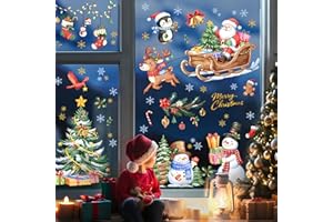 Tanlaby Christmas Window Clings, Christmas Tree Window Stickers Santa's Sleigh Snowman Window Decals for Glass Doors Xmas Home Decoration Gift Party Supplies