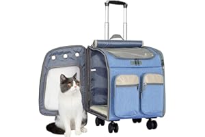 IBVIVIC Mochila de transporte para gatos y perros con ruedas, cochecitos para gatos y perros, mochila doble 2 en 1 para gatos medianos y perros con ventanas de ventilación de malla (azul)