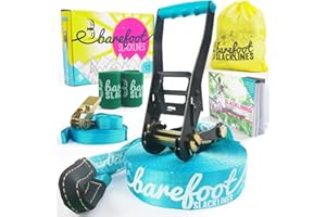 BAREFOOT SLACKLINES Kit de Slackline Pieds Nus 15 m Comprenant Un cliquet, Une Ligne d'entraînement, des Protections Anti-aboiements & des Instructions. Conçu pour Les Enfants & Les Adultes Bleu Azur
