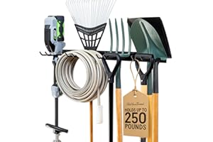 StoreYourBoard Wall-Mounted Rack With 4 Garage Hooks – Heavy-Duty Steel Holder Garage & Garden Storage for Shed, Workshop, or Home Organization – For Rakes, Shovels, Tools & More