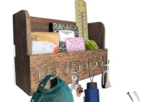 Comfify Wooden Wall Mount Mail Holder Organizer – Rustic Key Holder Organizer for Wall – Magazine Holder with 4 Double Key Hooks – Distressed Brown Rustic Wall Décor for Entryway