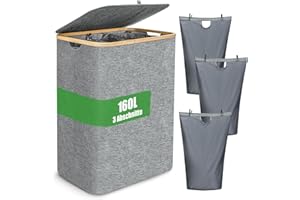 JOYOLEDER Groß Wäschekorb mit Deckel,160L Wäschesammler Faltbar Wäschetonne,3 Fächer Wäschebox Wäschetruhe Mit Abnehmbar Wäschesack für Bad und Schlafzimmer