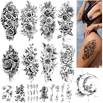 Acevegue Tatuaggi Temporanei per Donne, 16 Fogli Fiori Rose Loto ...