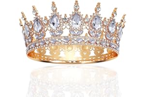 CLISPEED Full Round Tiara for Women, Birthday Crown for Cakes, Golden Tiara, Crystal Rhinestone Bridal Crown for Queen Costume, Wedding, Prom, Party, Hair Accessories