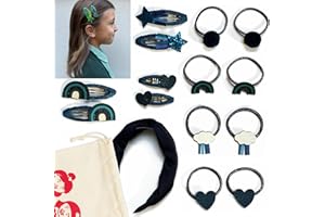 Classette Premium Girls School Hair Accessories Set – 15 Pieces in Red, Navy or Green – Clips, Bobble Hair Ties & Headband in Reusable Pouch – Uniform Matching – Plastic-Free Packaging (NAVY SET)