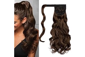 CYBELLEZA Extensiones de Clip de Pelo Natural Coleta Postiza Extensiones de Cabello Rizadas Ponytail Largo Clip in Hair Extension Cola Wrap Around (Marrón medio&Castaño claro)