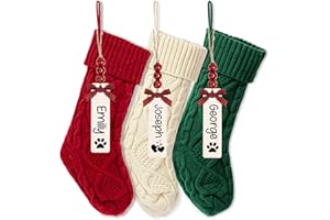 MOSTOP 3 Stück gestrickte Weihnachtsstrümpfe, einzigartige 45,7 cm große Größe, Zopfmuster, rustikale Weihnachtsstrumpf-Dekorationen für Familie, Feiertage, Dekoration, Burgunderrot/Elfenbeinweiß/Grün