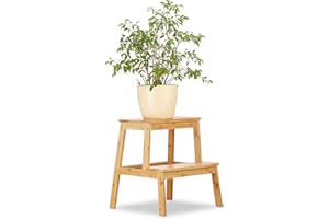 Relaxdays Escalón Infantil, 2 Peldaños, Taburete Niños, Soporte Plantas, Estantería Flores, Bambú, 47x42x42cm, Marrón