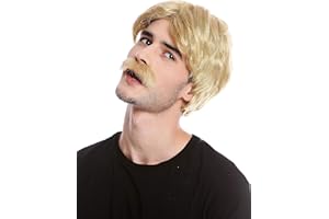 WIG ME UP- 4129-ZA89 Peluca y Bigote Hombres Halloween Carnaval Retro gigoló policía de 1970 Rubio