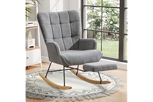 Ckaff Poltrona a Dondolo con Poggiapiedi, Sedia a Dondolo per Salotto Poltrona Allattamento con Schienale Alto e Base in Legno Massiccio per Cameretta Bambini Camera da Letto Soggiorno, Grigio