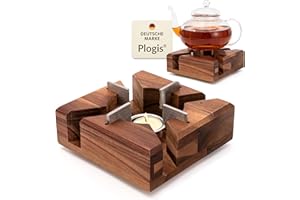 Plogis® Stövchen Akazie – Handgefertigter Teewärmer aus massiver Akazie | Stövchen für Teekanne & Geschirr | Teestövchen Holz mit Teelicht | 15×15 cm | Sicherer Halt Dank Metalleinsätzen