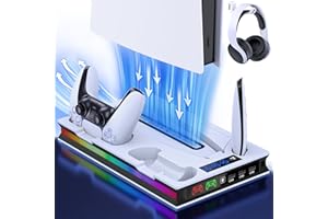 ALEEMTRY Supporto PS5 con luce LED – Supporto PS5 con ventola a 3 livelli/PS5 controller stazione di ricarica/gancio per cuffie/4 prese USB C – Supporto PS5 per console disco e Digital Edition
