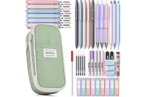 Nicpro 50 suministros escolares estéticos con bonito estuche, 5 bolígrafos de tinta negra de secado rápido, 12 resaltadores pastel, 6 portaminas de 0.5, 0.7, 0.9 y 2.0 mm para estudiantes, artículos